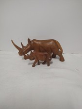 Hand Carved Wooden Rhino 2 Piece Set Figurines - 10" Long - African Made - Used