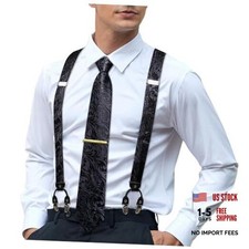 Men's Suspenders and Tie Set Silk Adjustable Elastic Y Braces Black Floral