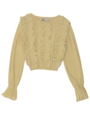 Zara Damen Crop Langarm Rüschen vorne Bluse Top UK 8 Small Gelb AF05
