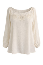 EAST Bohemian Blouse Ivory Swiss Dot Crochet Floral Applique Boat Neck UK 12