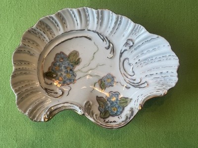 Trinket Dish Hand Painted Signed Edna '95 Flowers Blue Shell Ceramic Soap Candy