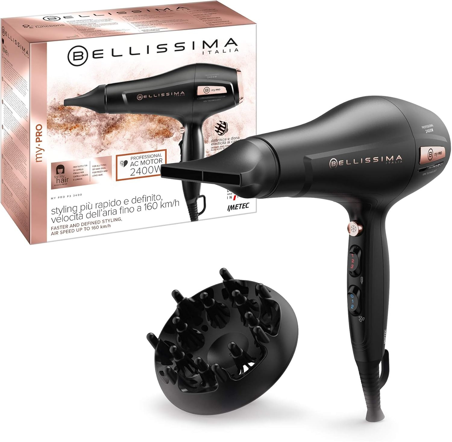 Imetec My Pro P3 3400 Asciugacapelli Professionale 2400W, Ionizzatore per Capell