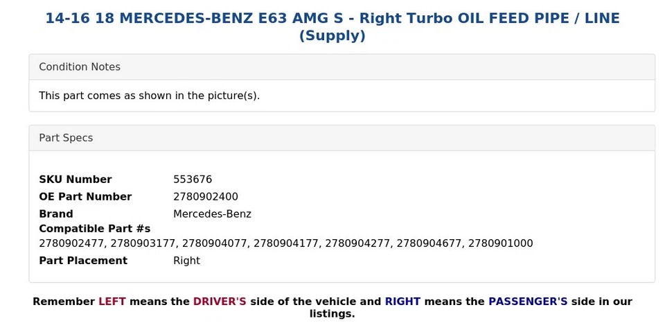 14-16 18 MERCEDES-BENZ E63 AMG S - TUBO/LÍNEA DE ALIMENTACIÓN DE ACEITE TURBO DERECHO (suministro) Foto 4 de 4