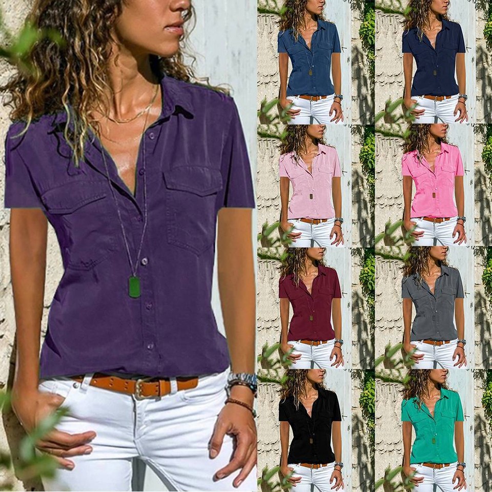 Womens VNeck Buttons Tops T Shirt Ladies Summer Short Sleeve Casual