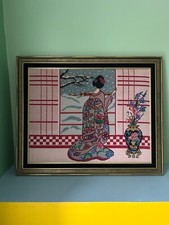 Vintage Needlepoint Geisha Framed Japanese Art 27 X 22