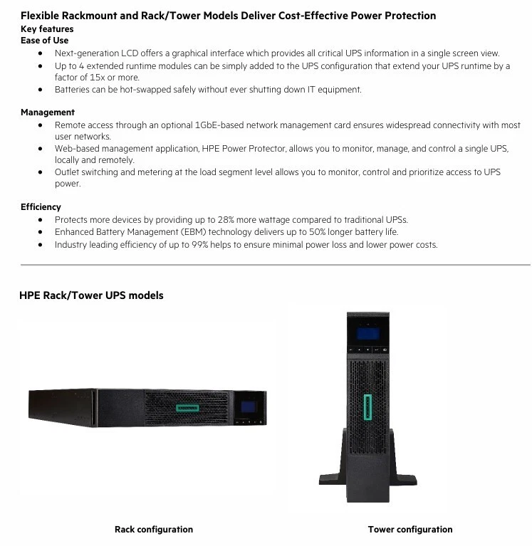HPE R/T2200 Gen5 1920 Watt - 1920 VA 2U (RACK or TOWER Config) UPS Q1L84A  NA/JP - Image 3 of 3