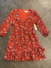 NWT Eliza J Faux Wrap Ruffle Dress Red Floral V Neck Long Sleeve Sz 4