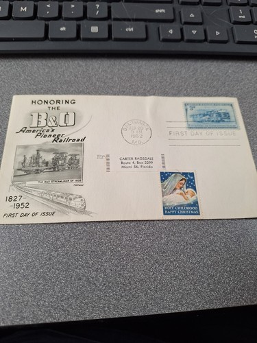 1952 First Day cover 3 cent stamp Honoring B&O railroad cachet art envelope