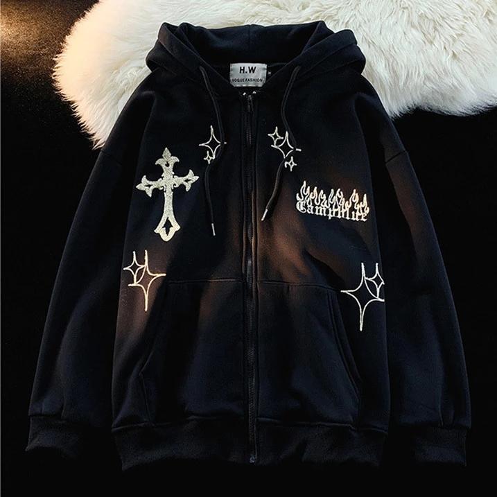 Y2k Oversized Hoodies Retro Hip Hop Jacket Gothic Embroidery Zip