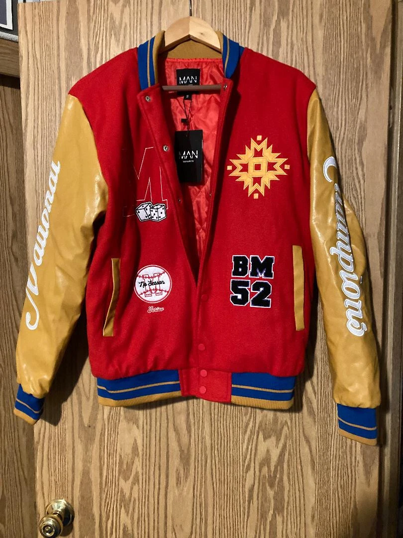 VERY RARE NWT BOOHOO MAN NATIONAL CHAMPION RED VARSITY BOMBER JACKET size SMALL