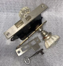 Antique Lock set Sargent With Glass Doorknobs And  Plates  w/ Key And Striker