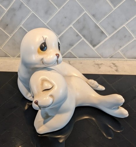 Vintage Mother & Baby Pup Pair White Seals Set of 2 Figurines Ceramic by Oxford