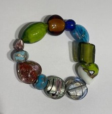 Splendido Bracciale Elastico Vintage Vetro Veneziano Murano Multicolore Perline