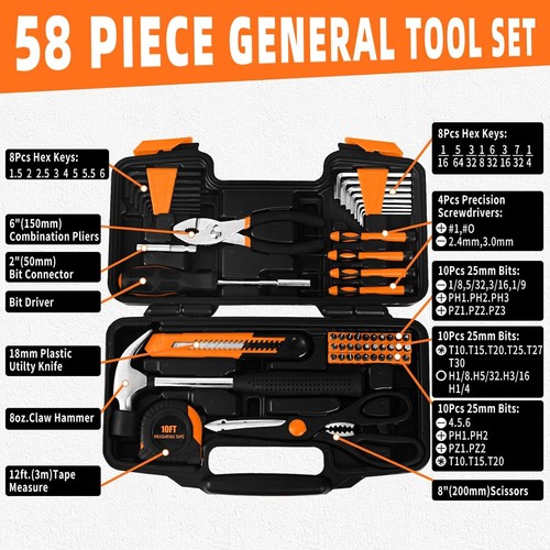 58-Piece Home Repair Tool Set with Plastic Toolbox, Orange - Picture 3 of 9