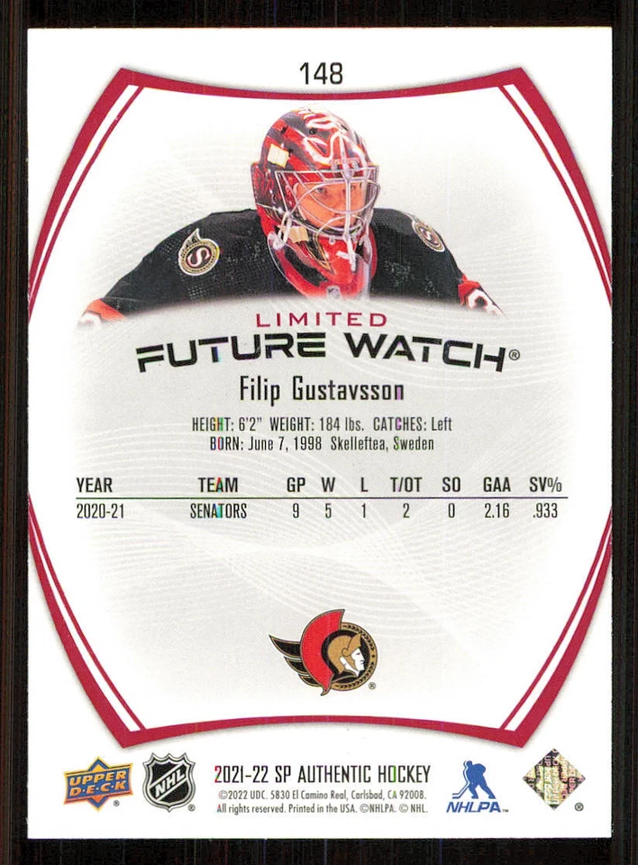 2021-22 SP Authentic Limited Red #148 Filip Gustavsson FW - Image 2 of 2