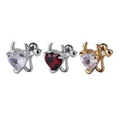 Teufel Herz mit großem Kristall Ohr Tragus Helix Piercing Schmuck Silber Gold