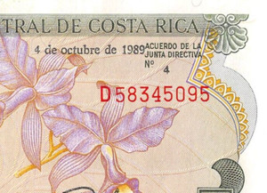 Costa Rica  5  Colones  4.10.1989  Series D 4  ERROR  Uncirculated Banknote QZ11