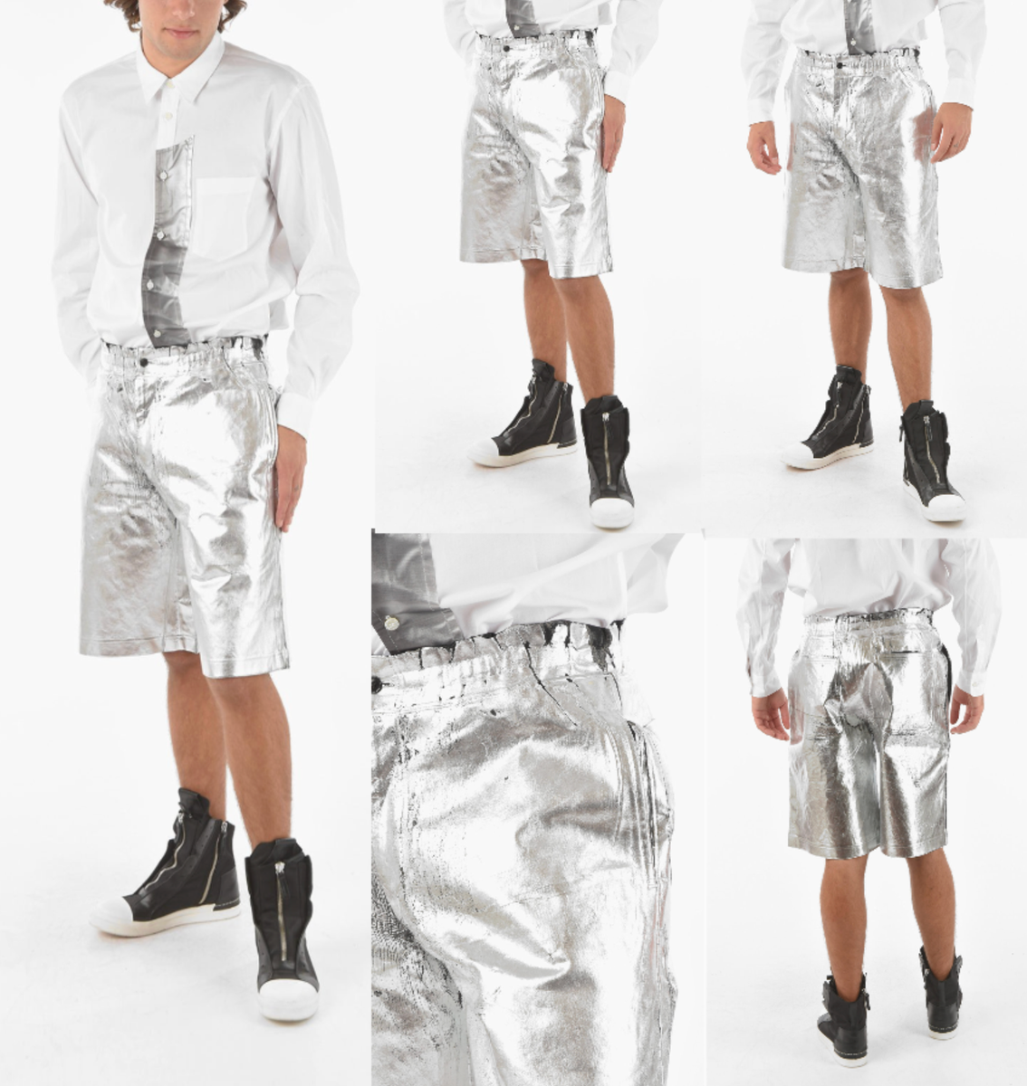 Comme Des Garçons Homme Plus Distressed Silver Foil Shorts Comme Des Garçons Homme Plus Distressed Silver Foil Shorts