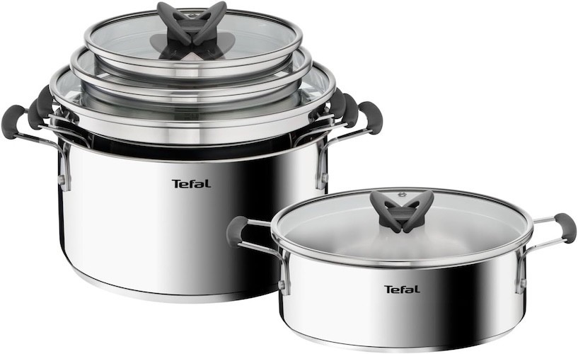 TEFAL OPTI'SPACE COOKWARE SET 8 PCS, STEWPOTS WITH GLASS LIDS, POTS, INDUCTION