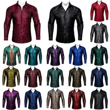 Paisley Floral Satin Plain Men's Long Sleeve Shirt Stylish & Fashionable S-4XL