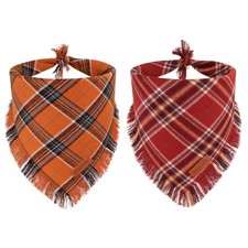 Fall Dog Bandanas Tassels Orange Brown Plaid Scarf Bib Thanksgiving X-Large
