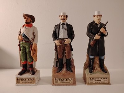 3 Lionstone Whiskey Decanters 1969 The Wells Fargo Man Jesse James,The Vigilante