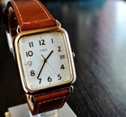 VINTAGE TIMEX DATE RECTANGULAR QUARTZ MEN'S GOLDEN BROWN LEATHER DRESS WATCH