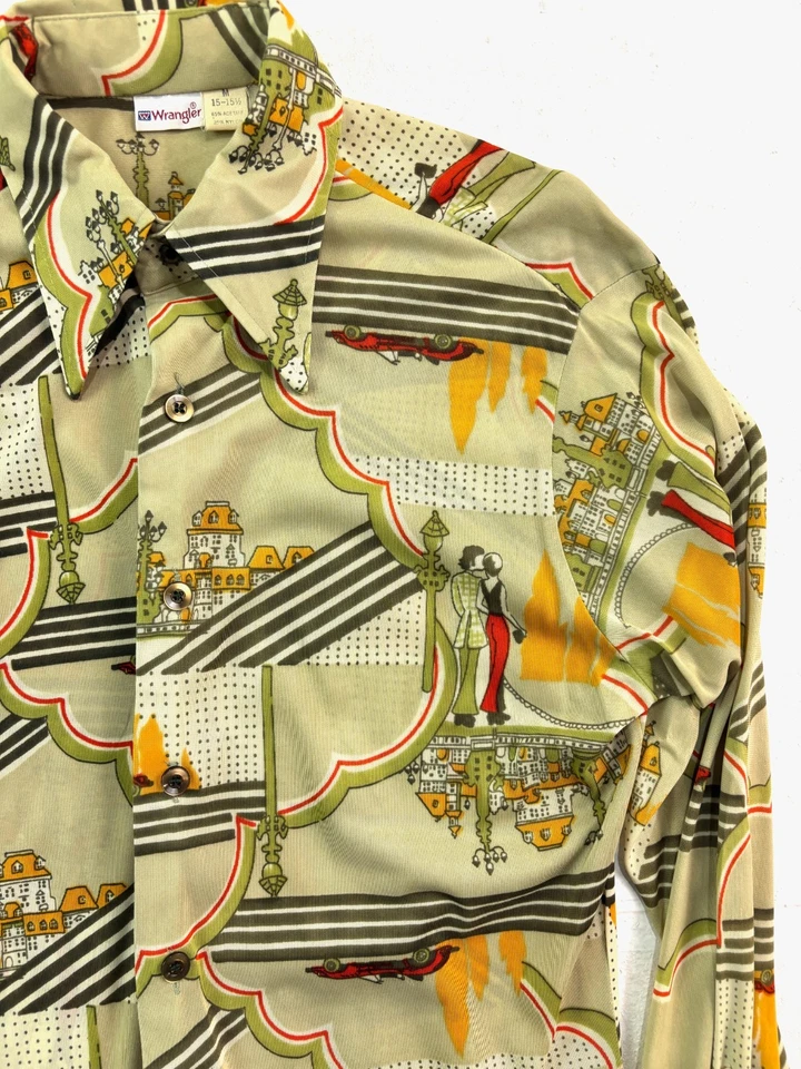 vtg 70s Wrangler Medium Disco Nylon Leisure Shirt Man Woman Retro Green Knit - Image 2 of 4