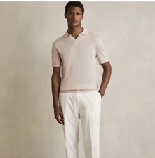 REISS Duchie NEW Mens Open Collar Merino wool short sleeve sweater shirt top L