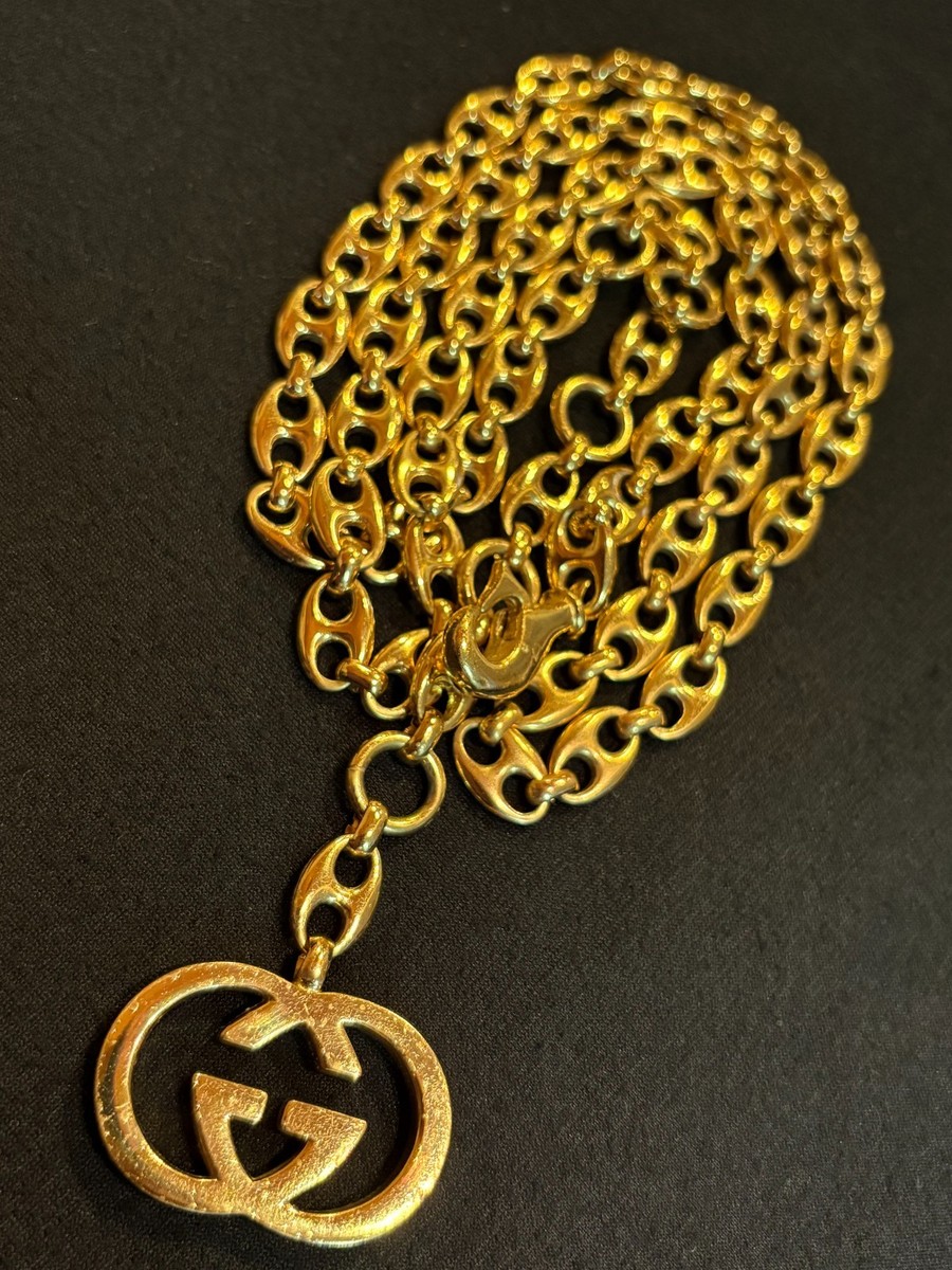 GUCCI Chain Belt Auth GG Logo Gold Vintage Double G Swing 85 Italy