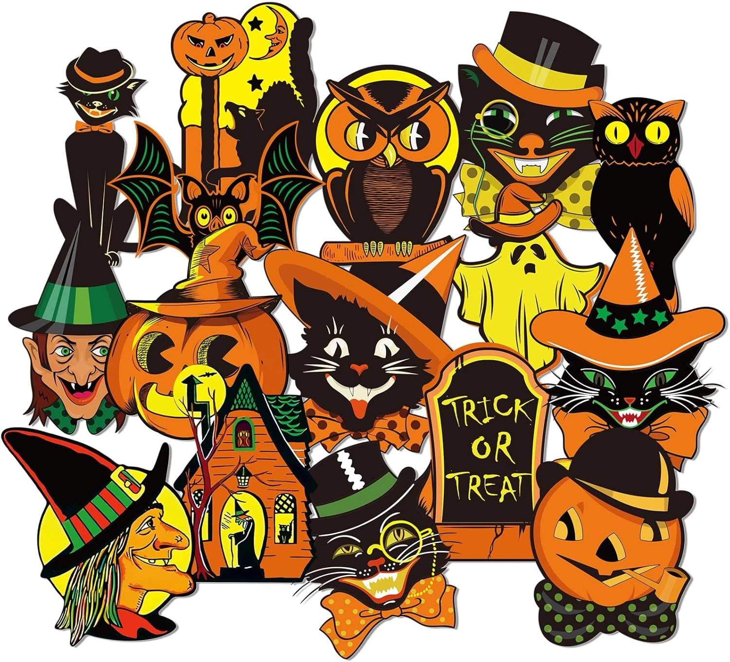 48 Pcs Vintage Halloween Cutouts Retro Pumpkin Cat Witch Decor with Glue Dots