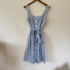 MANGO Blue & White Striped Cotton Button-Front Sundress with Pockets Size Small