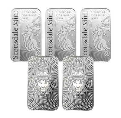 #ad Lot of 5 1 Troy oz .999 Silver Bar Scottsdale Mint VORTEX Silver Bullion Bar $46.99