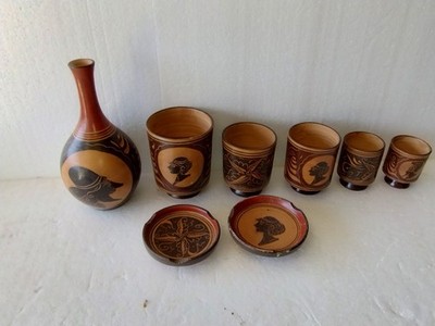 Vintage Ceramic Clay Folk Art  Latin American (Peruvian) Vase Cups Lids