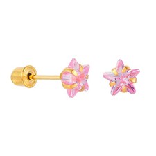 14k REAL Yellow Gold Peg Head Set 5mm Pink Star Solitaire CZ Stud Earrings wi...