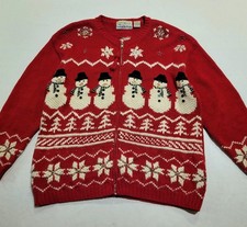 Vtg Croft Barrow Holiday Full Zip Cardigan Size L Red Snowman Beaded