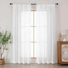 White Semi Sheer Curtains 84 Inches Long 2 Panels Set, Light Filtering Faux Line