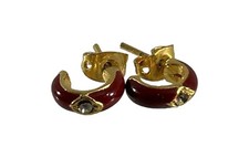 Small Hoop Earrings Gold Tone Marron Red Enamel Rhinestones Pierced Studs