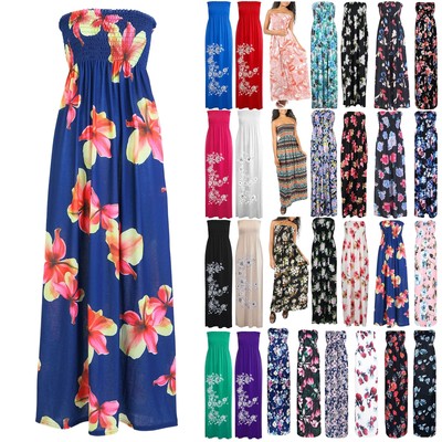 Women Ladies Sheering Floral Rose Boobtube Bandeau Strapless Neckline Maxi Dress