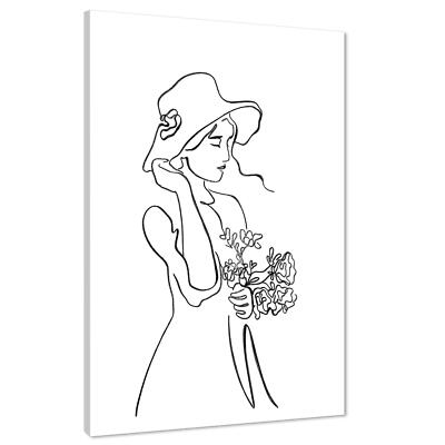 Schwarz-weiße figurative junge Frau mit Hut Linienzeichnung Leinwand Wandbild