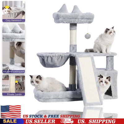Gray Cat Tree Tower, Activity Center Large Playing House Condo Scratch Board USA