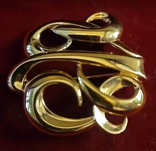 Vintage SIGNED MONET GOLD TONE Round BROOCH PIN Ribbon Swirls - Picture 3 of 4