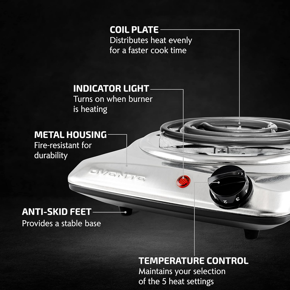 Electric Countertop Single Burner, 1000W Cooktop with 6" Stainless