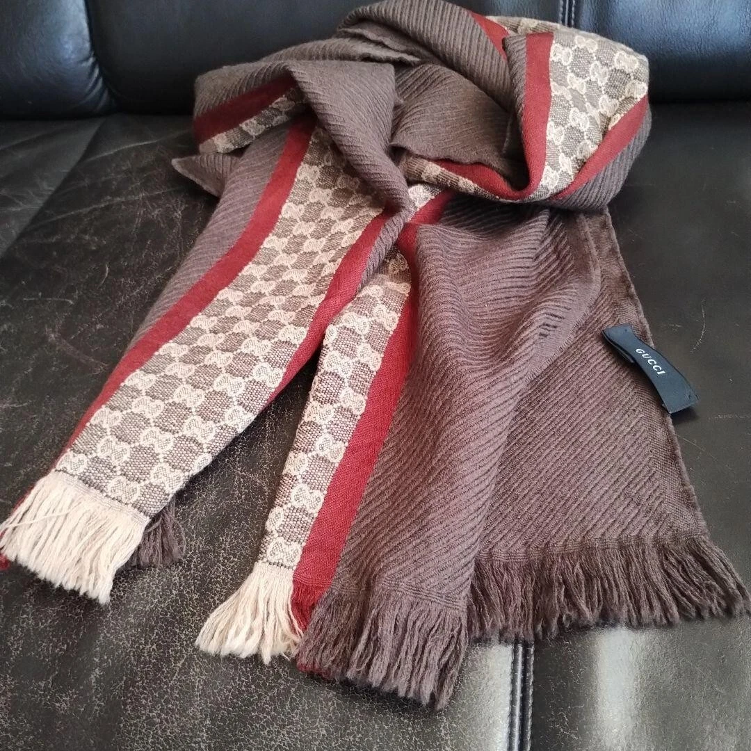 Foulard GUCCI GG motif rayures laine soie marron beige rouge occasion excellent + Japon