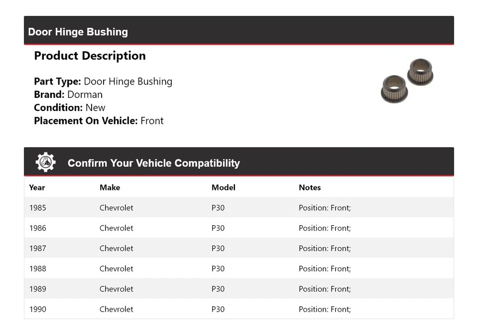 Buje de bisagra de puerta delantero para Chevrolet P30 Dorman 1985-1990 1986 1987 1988 1989 Foto 2 de 4
