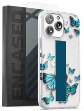 Funda para teléfono iPhone 14 Pro con correa soporte de mano lazo - azul mariposa