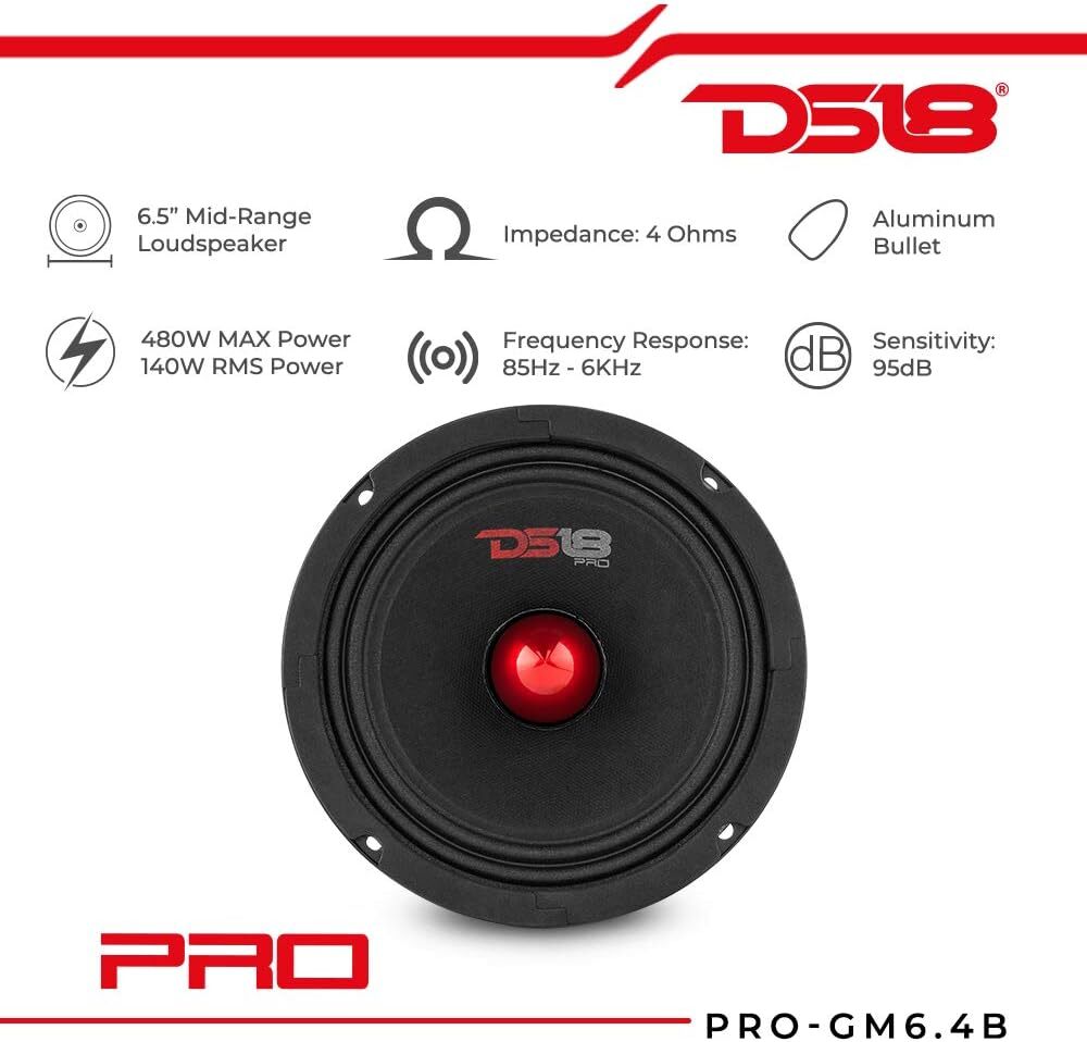 DS18 PRO-GM6.4B 6.5인치 차량용 오디오 스피커 - 불렛형 미드레인지, 최대 출력 480W, 4옴 2