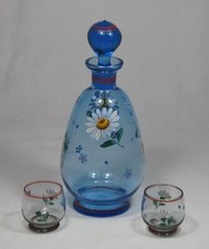 Kleines Likörset für Zwei * Karaffe blau + 2x Glas * Emailmalerei Margeriten 