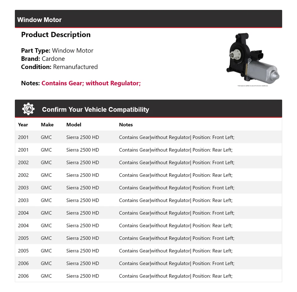 Para GMC Sierra 2500 HD 2001-2006 Ventana Motor Cardone 2002 2003 2004 2005 Foto 2 de 4