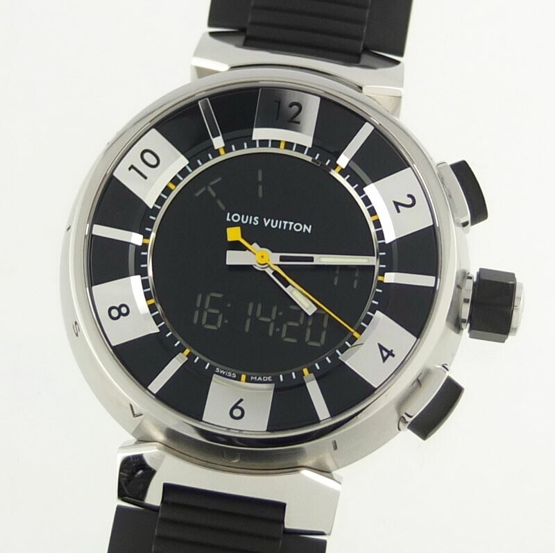 Auth LOUIS VUITTON Tambour in Black Q118F Quartz Black Dial